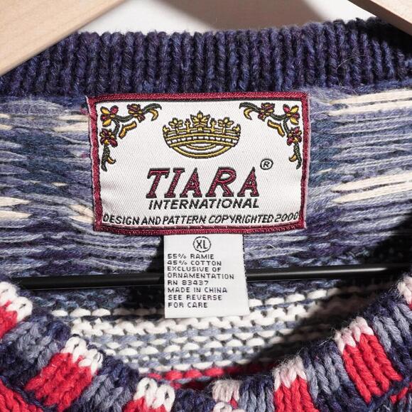 VTG Tiara Intl Ugly Christmas Sweater Cardigan Patchwork Nordic AOP Womens XL * - Picture 3 of 11